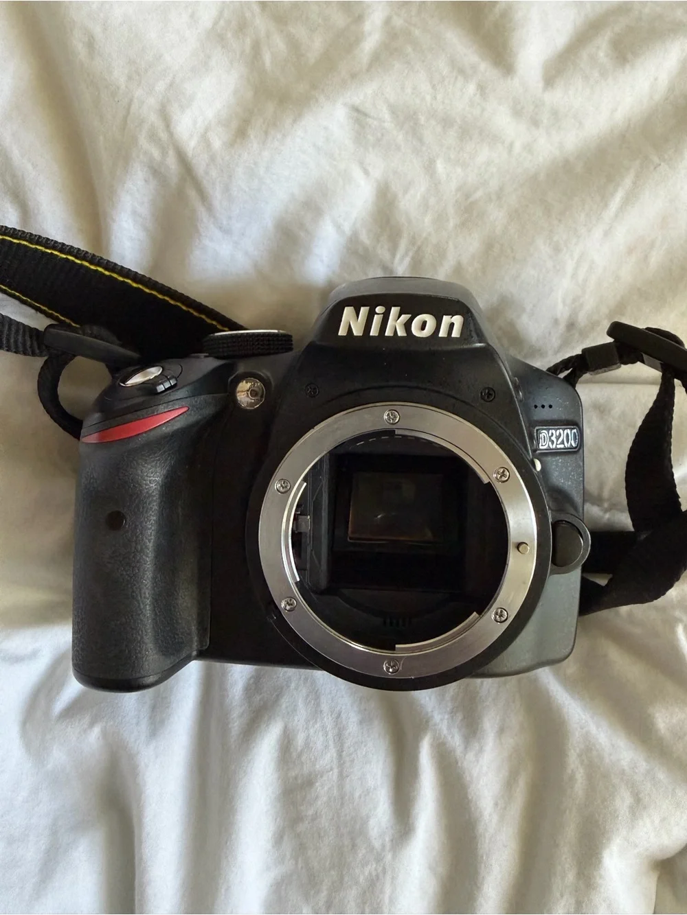 Nikon D3200 DSLR Camera Body in Black with Yellow-Trim Strap